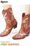 fligmm Embroidered Estern Boots For Women Ankle Bootie Cowboy Cowgirls Flower Print Fashiin Chunke Heel Slip On Shoes 2023