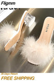 Fligmm Summer Fluffy Peep Toe Sexy High Heels Women Shoes Fur Feather Lady Fashion Wedding Slip-On Pink Square Toe Women Sandals