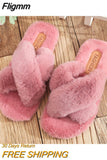 Fligmm Fluffy Slippers Women Fashion Cozy Faux Fur Cross Indoor Floor Slides Flat Soft Furry Ladies Female Celebrities Flip Flops