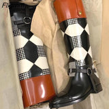 Fligmm Knee High Women Boots Autumn Winter Thick Heels Knight Boots Woman Solid Thick Plaid color matching Leather Shoes Female