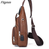 Fligmm Men's USB Chest Bag Designer Men Messenger Crossbody Package PU Leather Shoulder Bags Package Travel Chest Bag Bolso Hombre