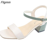 Fligmm Women Sandals Female Square High Heels PU Leather Sandals Open Toe Lady New Summer Shoes Solid Soft Comfort Buckle Strap Sandals