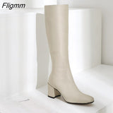 Fligmm Winter Knee High Boots Women Natural Genuine Leather Thick High Heel Long Boots Zip Round Toe Shoes Ladies Fall Size 39