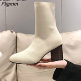 Fligmm Boots Spring Autumn Shoes Woman Casual Solid Color Slip-On Ankle Boots Fashion Round Toe Party Shoes Square Heel High Heels