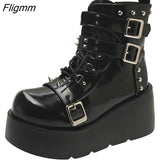 Fligmm New Ladies Goth Platform Ankle Boots Fashion Buckle Zip Rivet Punk Wedges High Heels Womens Boots Party Street Woman Shoes