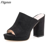 Fligmm Leopard Women Slippers Square High Heels Black Pink Concise Top Quality Casual Women Mules Shoes Women Peep Party Slides