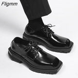 Fligmm square head Leather Shoes women Casual Men Formal Dress Thick Bottom Loafers Lace-up Black British Business Work Shoes 44