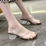 Fligmm High Heels Women sandals Summer Party Shoes Celebrity Wearing Simple Style PVC Clear Strappy Bling Square Heel Women