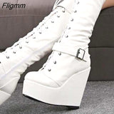 Fligmm Big Size 35-43 Ladies Wedges High Heels Knee High Boots Cross Tied High Platform Boots Women Party Sexy Shoes Woman