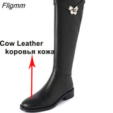 Fligmm Genuine Leather Riding Boots Thick Med Heel Zipper Ladies Boots Round Toe Knee High Boots Autumn Winter Brown Gray 33-42