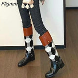 Fligmm Knee High Women Boots Autumn Winter Thick Heels Knight Boots Woman Solid Thick Plaid color matching Leather Shoes Female