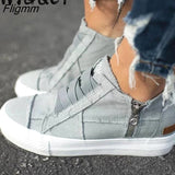 Fligmm Women Shoes Flat New Spring Autumn Women Vulcanize Shoes Sneaker Ankle Side Zipper High Top Canvas Shoes Patchwork Ladies Shoes