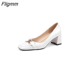 Fligmm Women Fashion Shoes Genuine Leather Thick Heels Metal Decoration Pumps Elegant High Heel Ladies Footwear Spring Beige 42