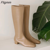 Fligmm Women Riding Boots Shoes Genuine Leather Low Heel Long Boots Zip Square Toe Thick Heels Long Boots Female Autumn Winter