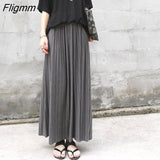 Fligmm Solid Maxi Pleated Skirt Women 2023 Autumn Spring Ladies Korean Gray Black High Waist School Long Skirt Female