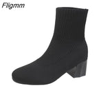 Fligmm Elastic Boots Square Heel High Heels Booties Single Boots Women Autumn Winter Shoes Woman Casual Slip-On Ladies Shoes