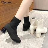 Fligmm Elastic Boots Square Heel High Heels Booties Single Boots Women Autumn Winter Shoes Woman Casual Slip-On Ladies Shoes