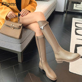 Fligmm Genuine Leather Riding Boots Thick Med Heel Zipper Ladies Boots Round Toe Knee High Boots Autumn Winter Brown Gray 33-42