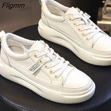 Fligmm Platform Shoes Women Natural Genuine Leather Flat Casual Shoes Real Leather Lace Up White Sneakers Ladies Flats Spring