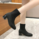 Fligmm Elastic Boots Square Heel High Heels Booties Single Boots Women Autumn Winter Shoes Woman Casual Slip-On Ladies Shoes