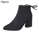 Fligmm Size 43 Hot Sale Women Mid Calf Boots Black Pointed Toe Zippers Autumn Spring Women Fashion Boots Casual Lace-up Boots